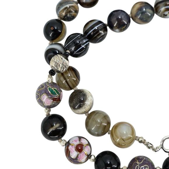 Vintage Style Banded Agate Cloisonne & Sterling Silver Beaded Necklace 24” Boho - Picture 5 of 7